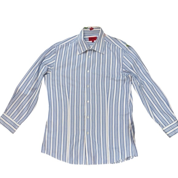 Hugo Boss Blue White Polka Dot Stripe Long Sleeve Button Down Dress Shirt L - Picture 1 of 8